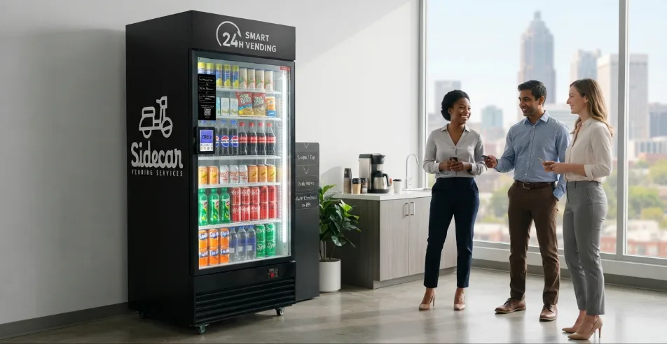 Sidecar HAHA 440 smart vending machine with the Atlanta skyline in the background